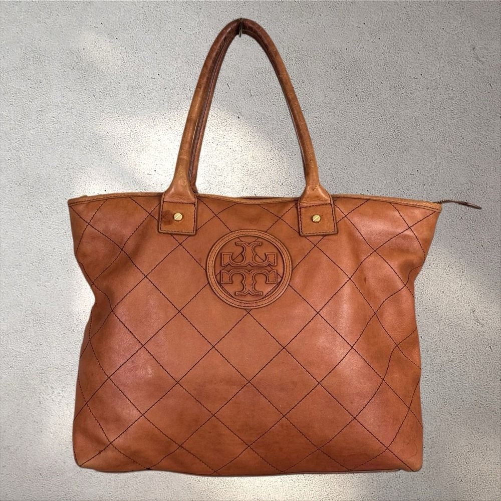 Tory Burch Jaden Quilted Leather‎ Tote Bag Purse Cognac Brown